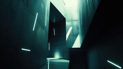 Fototapeta premium Sleek modern concrete interior with glowing neon lines and stark shadows, a minimal futuristic passageway evoking industrial, sci fi architecture and digital metaverse vibes