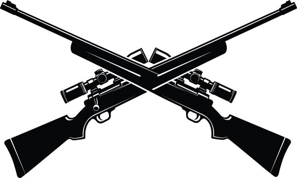 Crossed sniper rifles silhouette vector icon set with hunting guns and telescopic scopes in tactical stencil style