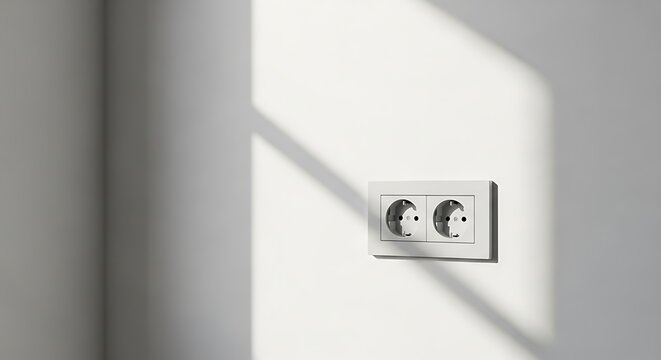 Minimalist white wall with modern electrical outlet, soft natural lighting, clean composition, subtle shadows, Scandinavian interior style, simple and functional design.