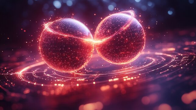 Abstract Quantum Entanglement Visualization: Two luminous subatomic particles are connected by a twisted beam of light, surrounded by a rotating holographic data ring&mdash;a digital technology concept.