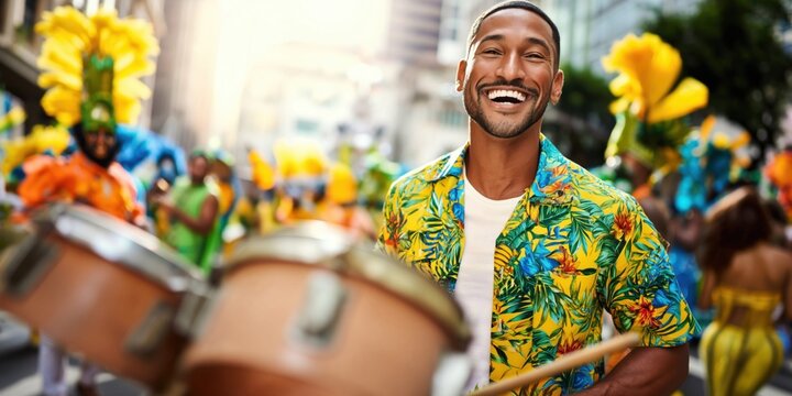 Man smiling at Brazilian carnival parade playing snare drum with colorful costumes
