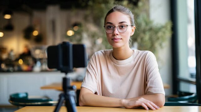 Asian male content creator filming video with ring light and camera at desk, modern influencer workspace, speaking and gesturing while recording vlog, professional home studio