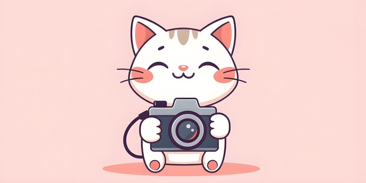 Adorable cartoon kitten holding DSLR camera in playful pose, smooth rounded shapes, soft pastel tones on light pink background, cute and modern design.