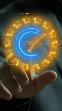 Certified guarantee approval or secure access system concept, Quality assurance of business service. Businessman hand shows identity proofing icon for the security protection system on virtual screen.