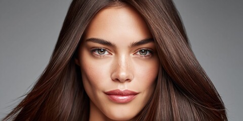 Fototapeta premium Portrait of a young woman with long, straight, dark brown hair and natural makeup