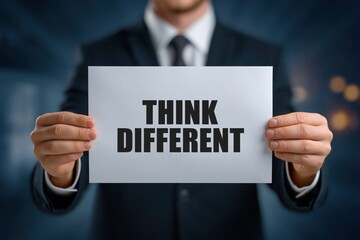 Obraz premium Innovator Holding a Sign with the Famous Motto Think Different