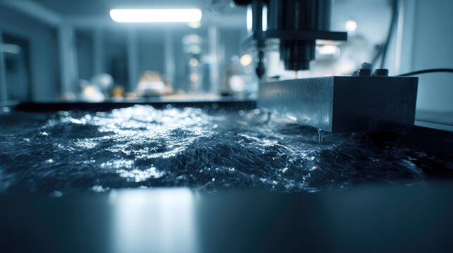 Wire edm machine cutting metal block with water