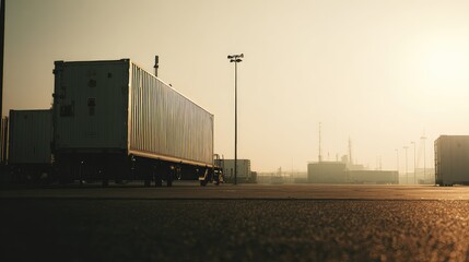Obraz premium Shipping containers on trailers at industrial port terminal during sunset