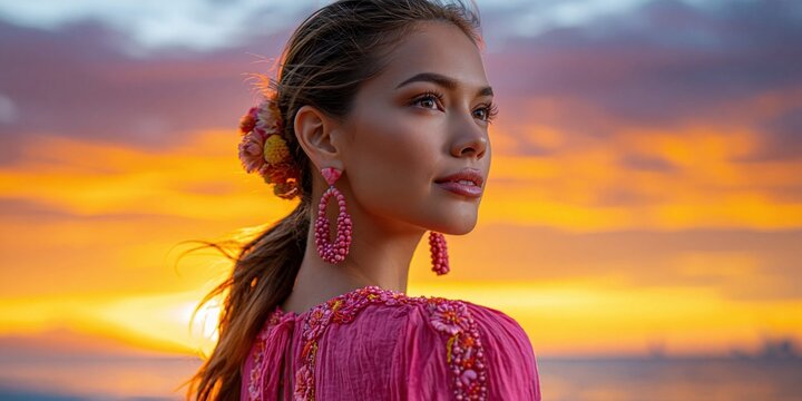 Beautiful woman in pink boho dress with flowers in hair at sunset