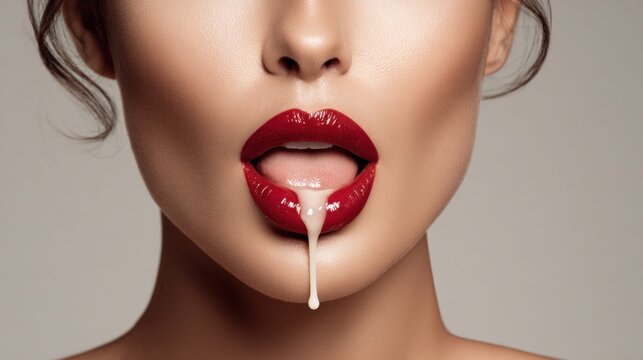 Close-up of glossy red lips with a drop of liquid falling from the lower lip