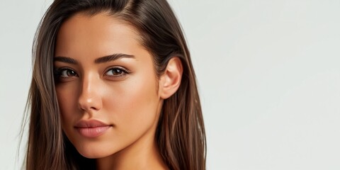 Fototapeta premium Elegant Turkish woman with flawless skin and dark hair, looking confidently forward