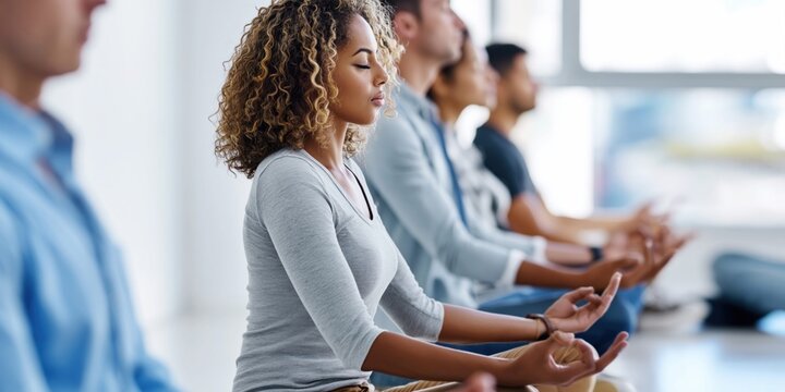 Employees practicing mindfulness meditation in a modern office setting for stress relief
