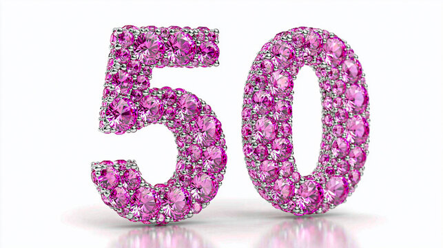 A pink number 50 made of sparkling gemstones on a light background. An elegant, festive composition for 50th, anniversary, luxury, and congratulatory themes.