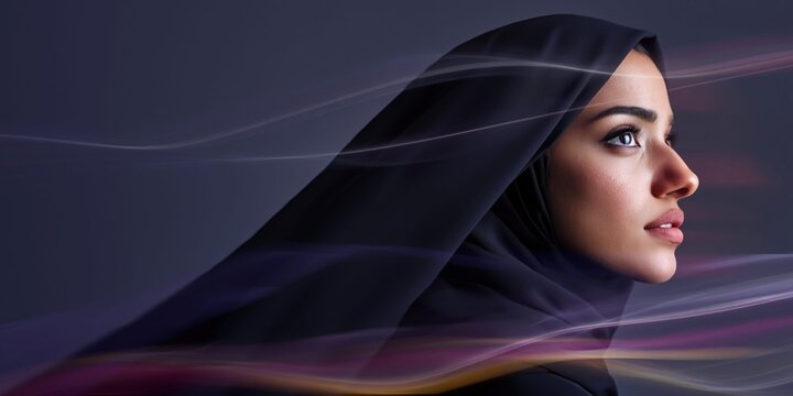 Elegant Emirati woman in black abaya with flowing light streaks, profile view