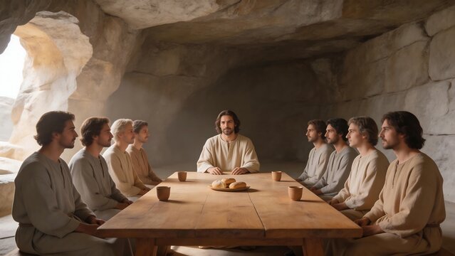 Group of men in robes at table in cave