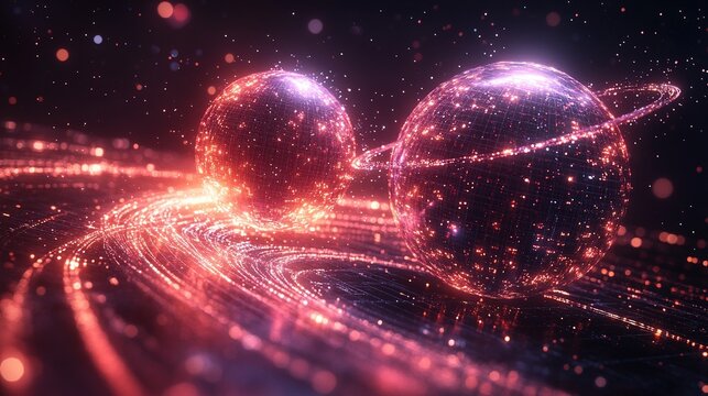 Abstract Quantum Entanglement Visualization: Two luminous subatomic particles are connected by a twisted beam of light, surrounded by a rotating holographic data ring&mdash;a digital technology concept.