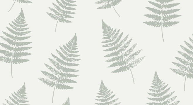 Seamless pattern of light green fern leaves on a pale background, botanical illustration
