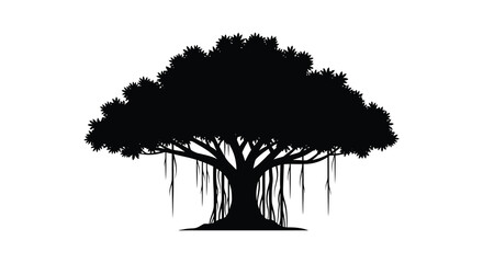 A majestic banyan tree with extensive roots and hanging vines a striking silhouette © njhasan