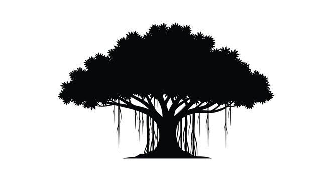 A majestic banyan tree with extensive roots and hanging vines a striking silhouette