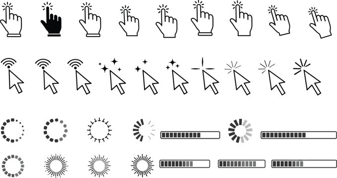 Computer Cursor and Loading Icon Set with Hand Pointer, Arrow, Progress Bar, and Spinner Animations for UI and Web Designs