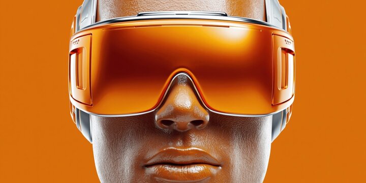 Futuristic AI robot with orange visor and metallic accents against a vibrant background