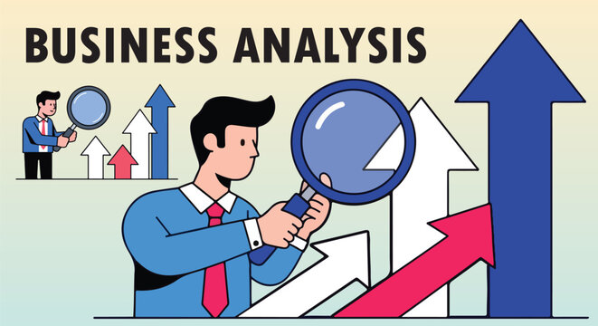 Business analysis, finance growth, market research, magnifying glass