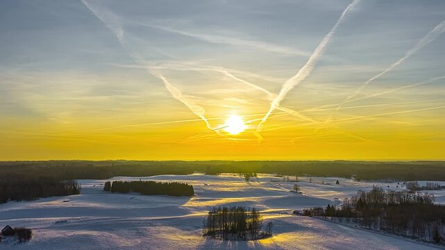 Drone hyperlapse of Golden hour light illuminating winter landscape with contrails across sky