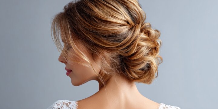Elegant blonde woman with intricate updo hairstyle and delicate lace top
