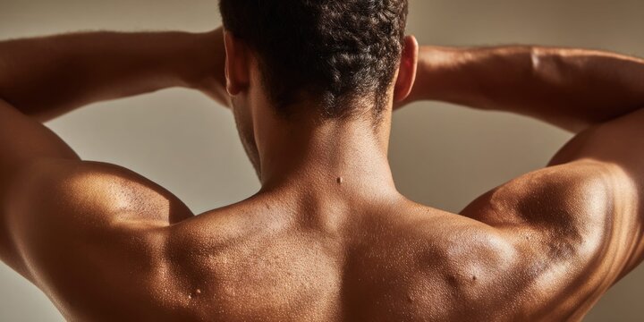 Close-up view of a man's muscular back and shoulders with dramatic lighting