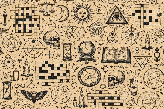 Seamless Grunge Pattern with Occult Symbols, Alchemical Diagrams, Skulls, Sun, Moon, Eye of Providence, Crosswords, and Ancient Formulas. Vintage Hand-Drawn Engraving Style for Mystical Background.