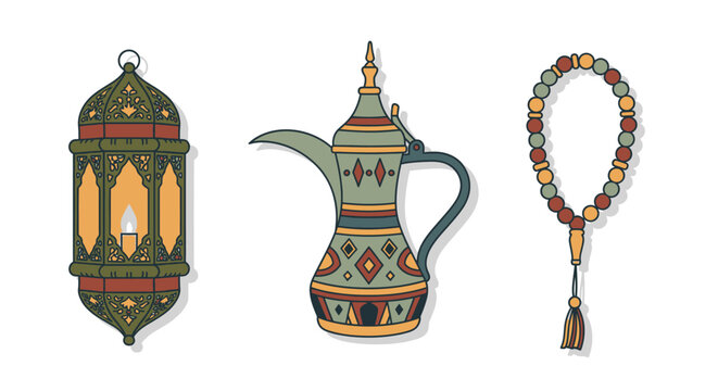 Traditional Islamic lantern dallah and prayer beads on white background