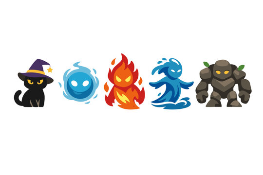Set of Mythical Creatures and Magical Beings Icons Featuring a Wizard Familiar Black Cat, Spirit Orb, Fire Elemental, Water Being, and Earth Stone Golem for Fantasy Game Design and Illustration.