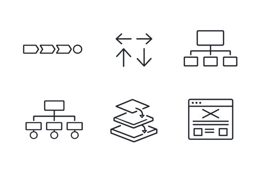 UX Navigation and Information Architecture Line Icon Set featuring Breadcrumb Navigation, UI Arrows, Website Sitemap, Page Hierarchy, Interface Structure, Layered Navigation, and Wireframe Layout