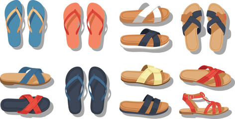 Fototapeta premium Summer flip flops and sandals vector icon set with colorful beach footwear in solid flat design style