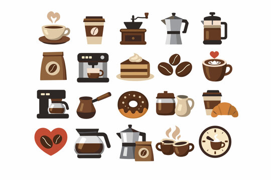 Coffee Time and Coffee Lover Icons Set Featuring Espresso Machine, Moka Pot, French Press, Beans, Grinder, Cups, and Pastries. Simple Flat Vector Illustration for Cafe Menu and Branding.