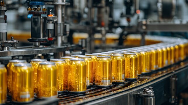 Conveyor of filled beverage can moving through automated filling and sealing station in a drinks manufacturing line.