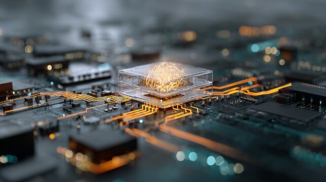 Close-up of a semiconductor chip on a circuit board representing data processing architecture and chip manufacturing with illuminated interconnect and component array.