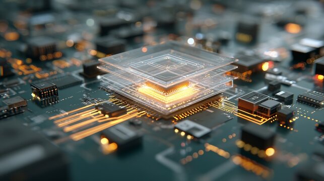 Close-up of an ai processor chip on a circuit board representing ai processor and electronic hardware design, highlighting compute core, interconnect and thermal element.