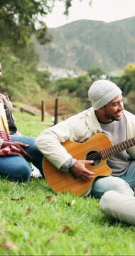 Camping, smile and people with guitar, relax and bonding together for reunion, break and singing. Happy, musician or friends in woods, holiday and string instrument for song and listening to audio