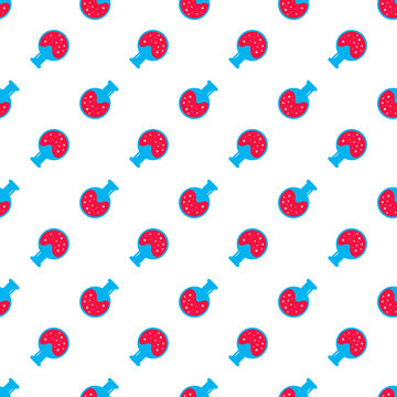 Seamless pattern of laboratory flasks with red liquid for back to school science projects isolated on transparent background