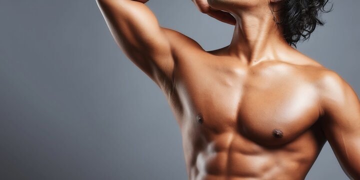 Muscular Japanese man with defined abs and pecs posing against a grey background
