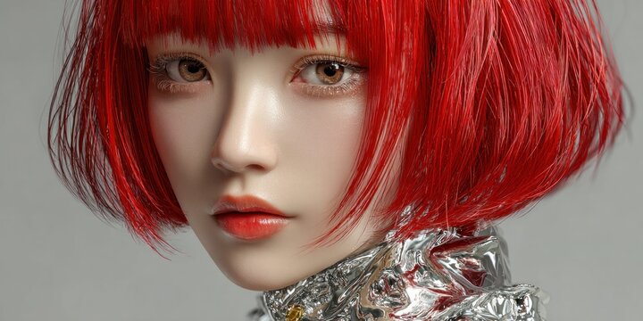 Striking portrait of a woman with vibrant red hair and metallic silver collar