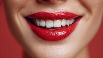 Fototapeta premium A beautiful smile with bright red lips and a perfect set of white teeth, radiating confidence.