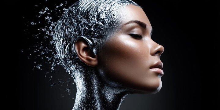 Woman's face and neck covered in metallic liquid with water splashes against a dark background