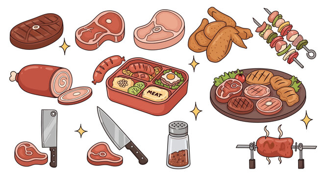 A vibrant illustration showcasing a diverse collection of delicious meats and barbecue essentials, perfect for culinary inspiration.