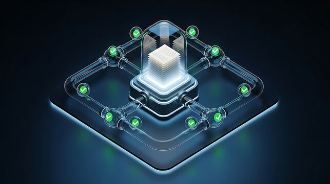 Isometric high performance processor chip with glowing connections and nodes