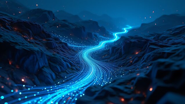 Illustration of underwater fiber optic cables forming a glowing network across ocean floor representing global data communication internet connectivity and modern digital infrastructure concept techno