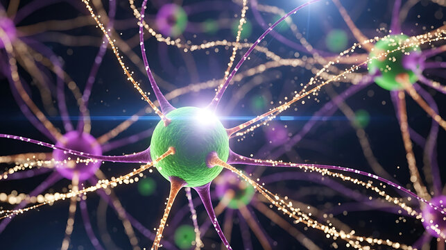 Abstract visualization of glowing neural network and brain synapses