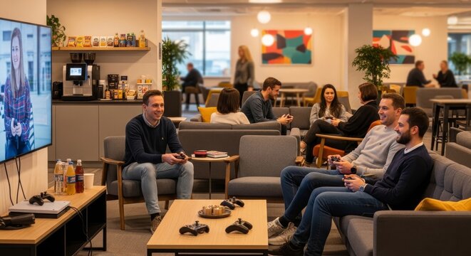 Employees enjoying video games in modern office lounge