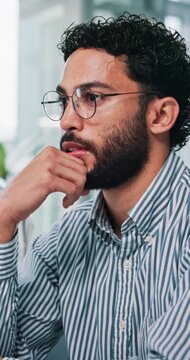 Thinking, discussion and man in office for web design, business ideas or software developer. Brainstorming, training and designer with teamwork, research report or solution at creative digital agency